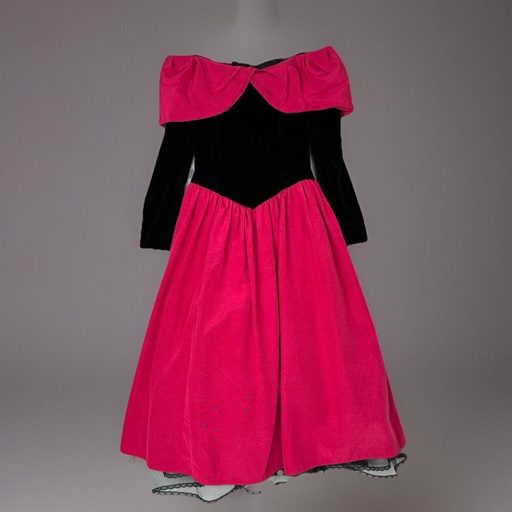 Vintage Scott McClintock Women Dress 6 Pink Velvet Taffeta Midi Off Shoulder 80s